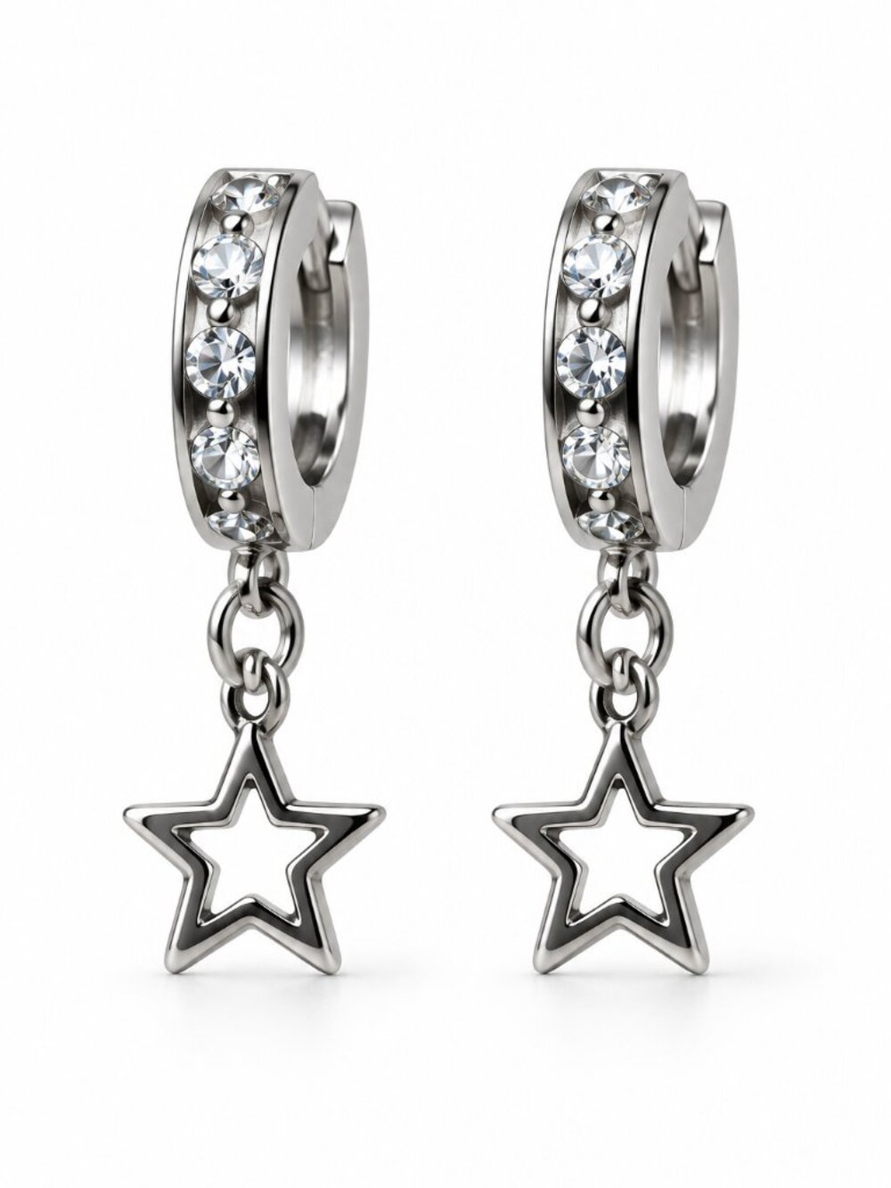 Miu Silver Crystal Star Charm Stainless Steel Huggie Earrings